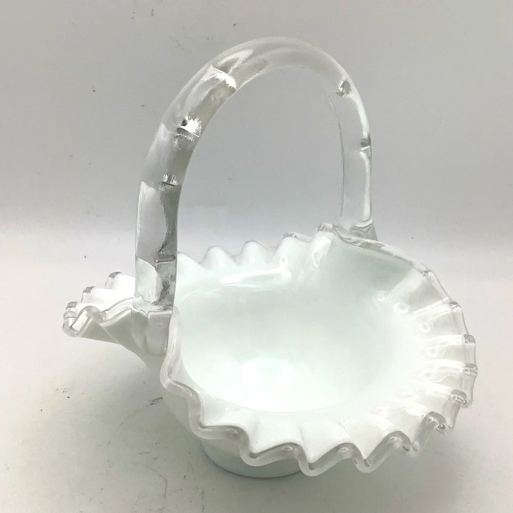 Vintage Fenton White Milk Glass Ruffled Edge Handled Basket